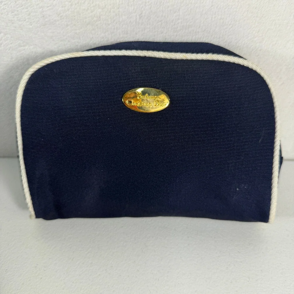 Vintage Christian Dior Parfums Cosmetic Make Up Bag Pouch Canvas Navy‎ Blue